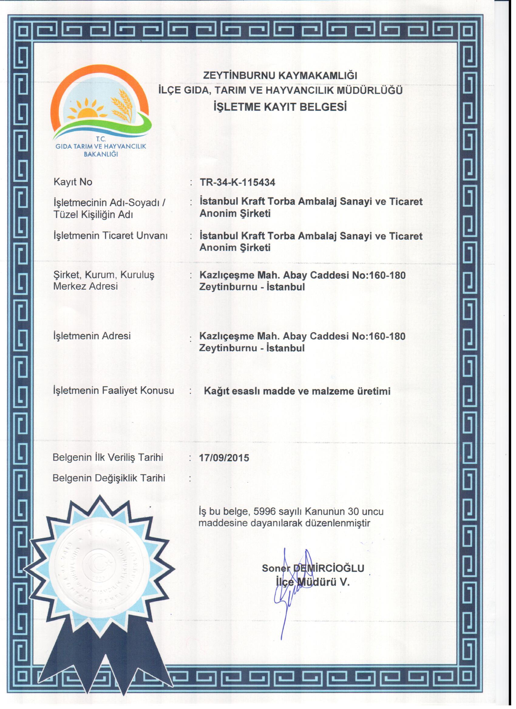 İKT İşletme Kayıt Belgesi
